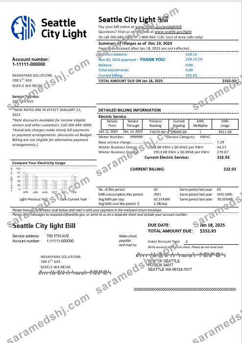 USA Washington Seattle City Light business utility bill template in Word and PDF formats